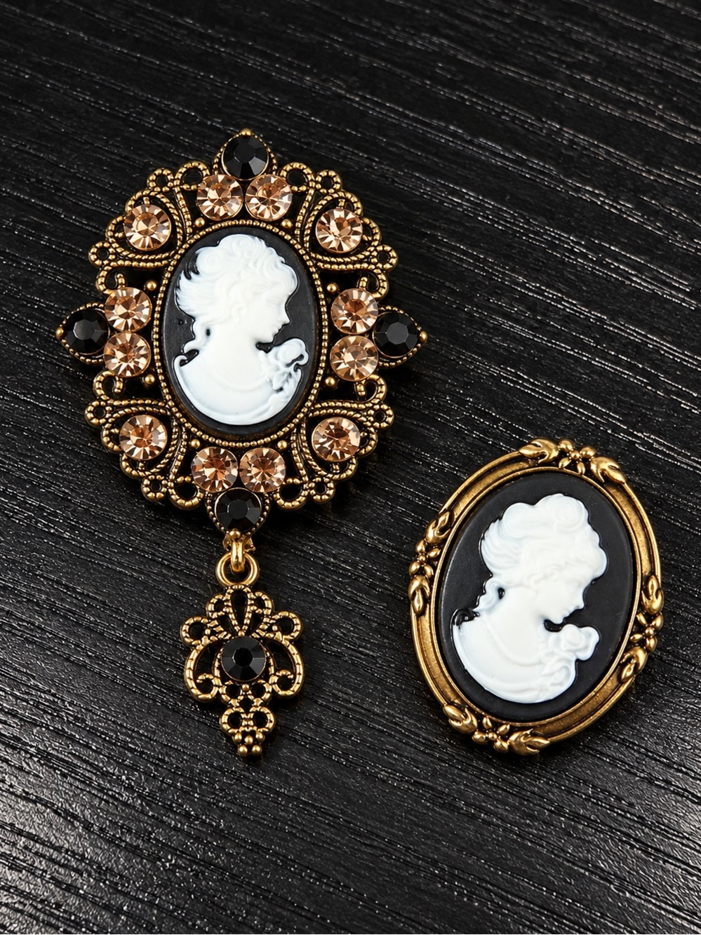 Vintage Style Cameo Brooch Pin Set Black White Gold Rhinestone Victorian